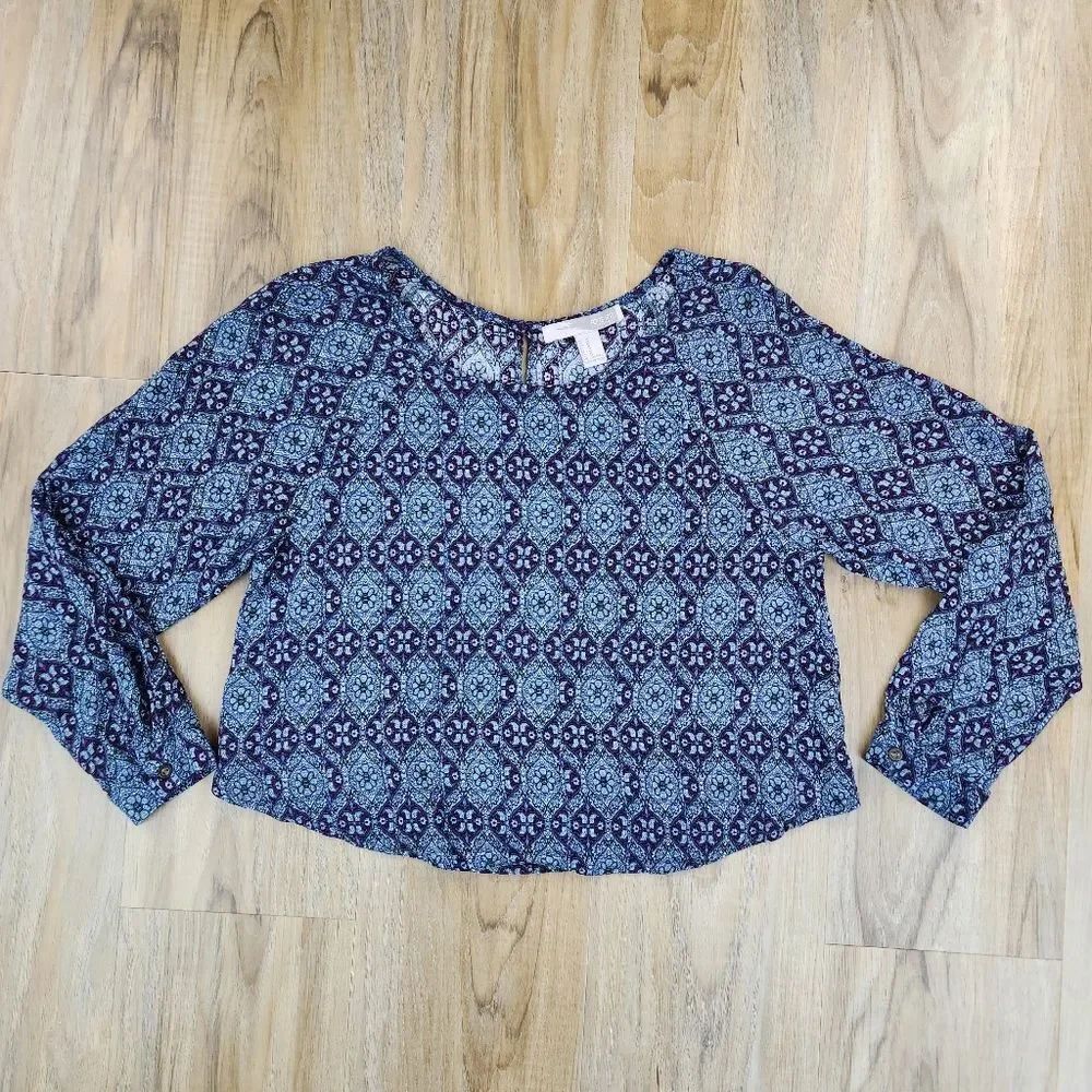 💛Forever 21 Purple & Blue Lattice Print Long Sleeve Top Medium